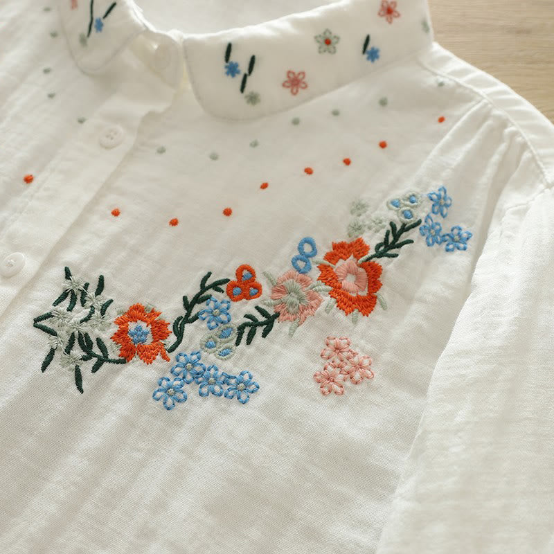 Buddha Stones秋 ホワイト カラフル 花柄 刺繍 ボタン レディース コットン 長袖シャツ - image 8