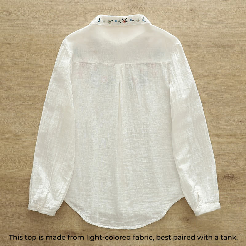 Buddha Stones秋 ホワイト カラフル 花柄 刺繍 ボタン レディース コットン 長袖シャツ - image 2