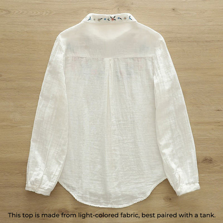 Buddha Stones秋 ホワイト カラフル 花柄 刺繍 ボタン レディース コットン 長袖シャツ - image 2