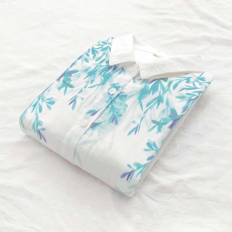 Buddha Stonesと秋の白緑の草ボタンレディースコットン長袖シャツ - image 6