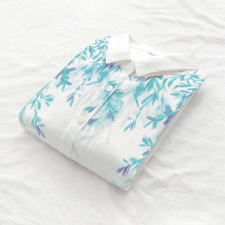 Buddha Stonesと秋の白緑の草ボタンレディースコットン長袖シャツ - image 6