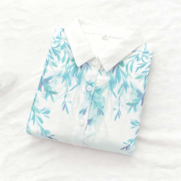 Buddha Stonesと秋の白緑の草ボタンレディースコットン長袖シャツ - image 3