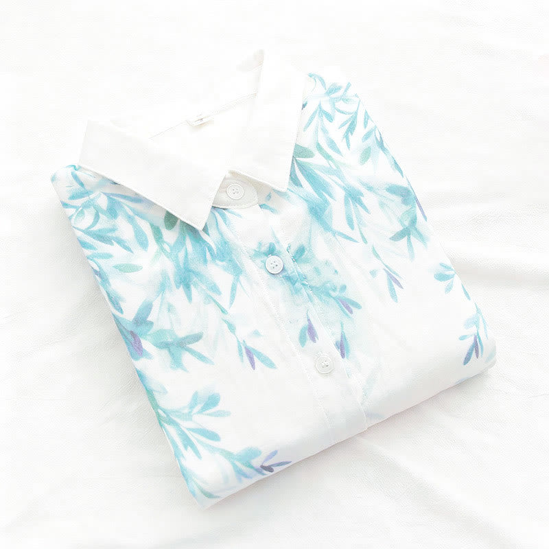 Buddha Stonesと秋の白緑の草ボタンレディースコットン長袖シャツ - image 4