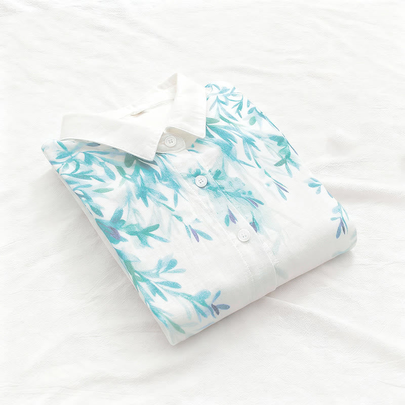 Buddha Stonesと秋の白緑の草ボタンレディースコットン長袖シャツ - image 5