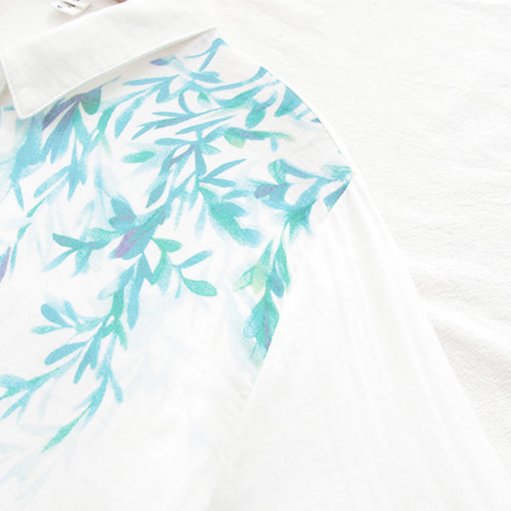 Buddha Stonesと秋の白緑の草ボタンレディースコットン長袖シャツ - image 9