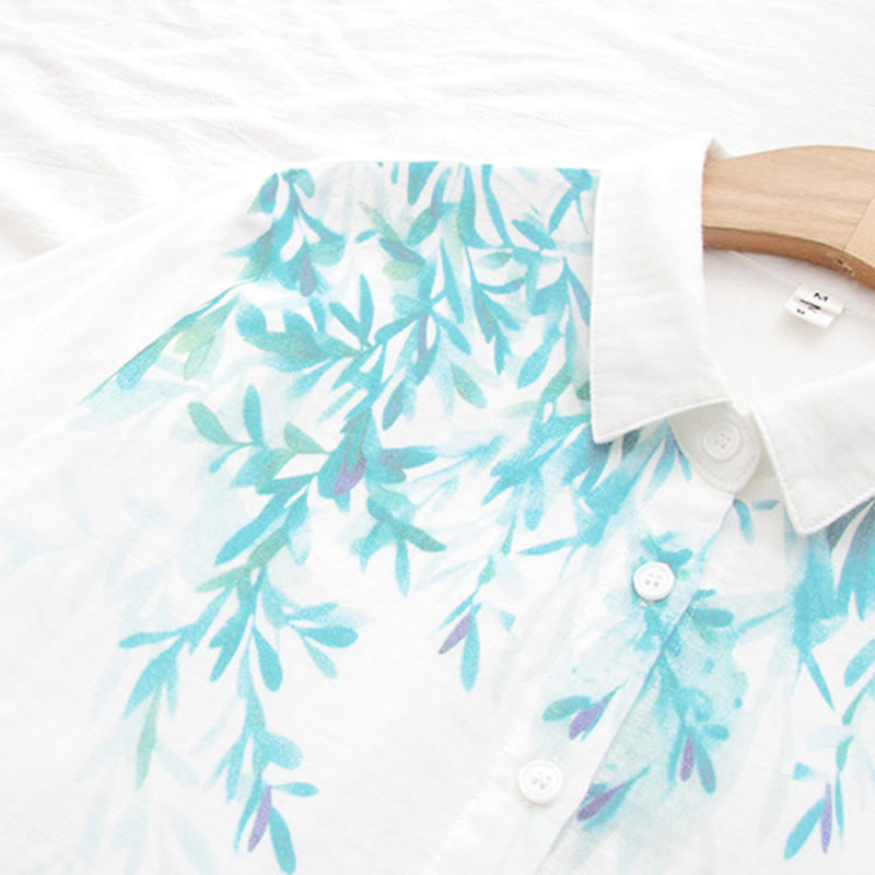 Buddha Stonesと秋の白緑の草ボタンレディースコットン長袖シャツ - image 8