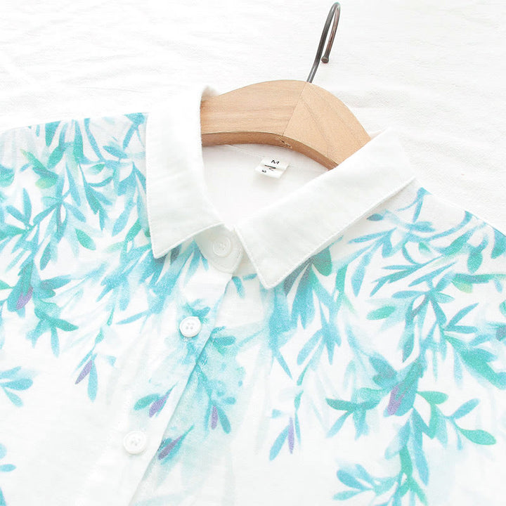 Buddha Stonesと秋の白緑の草ボタンレディースコットン長袖シャツ - image 7