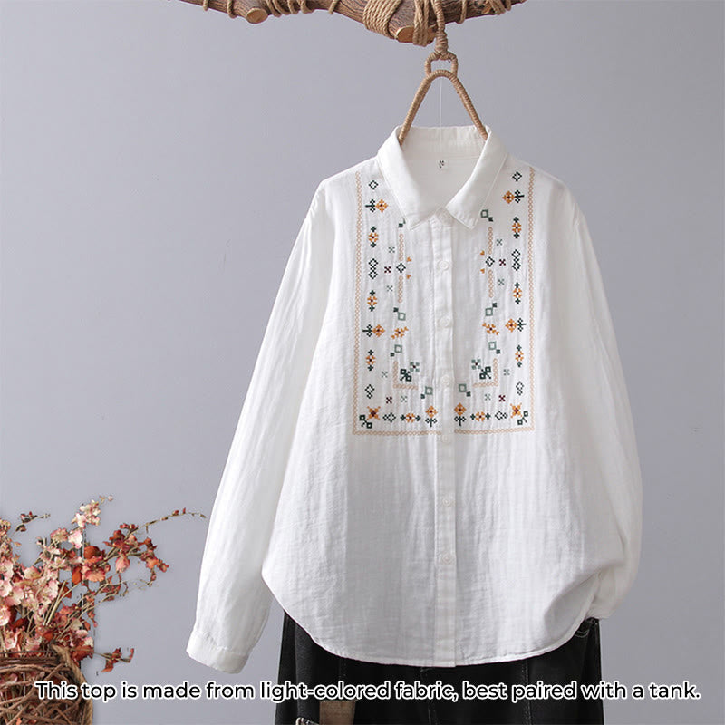 Buddha Stones秋 ホワイト 幾何学模様 ストライプ 花 刺繍 ボタン レディース コットン 長袖シャツ - ホワイトジオメトリック - US4、 UK/AU8、 EU36 (L) - image 9