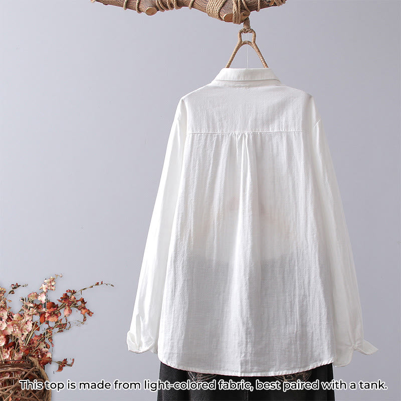 Buddha Stones秋 ホワイト 幾何学模様 ストライプ 花 刺繍 ボタン レディース コットン 長袖シャツ - image 1