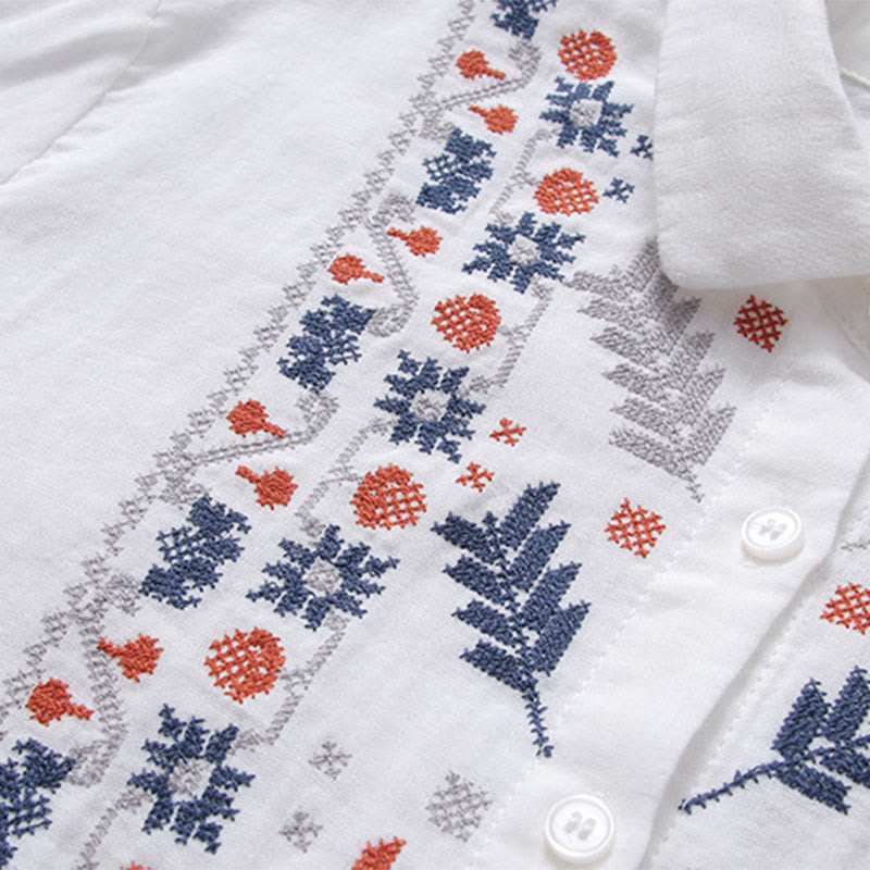 Buddha Stones秋 ホワイト 幾何学模様 ストライプ 花 刺繍 ボタン レディース コットン 長袖シャツ - image 4