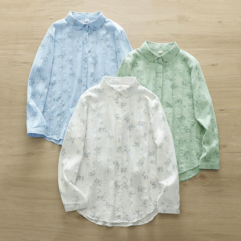 Buddha Stones、秋、白、黄色の花、緑の葉、ボタン、レディースコットン長袖シャツ - image 13