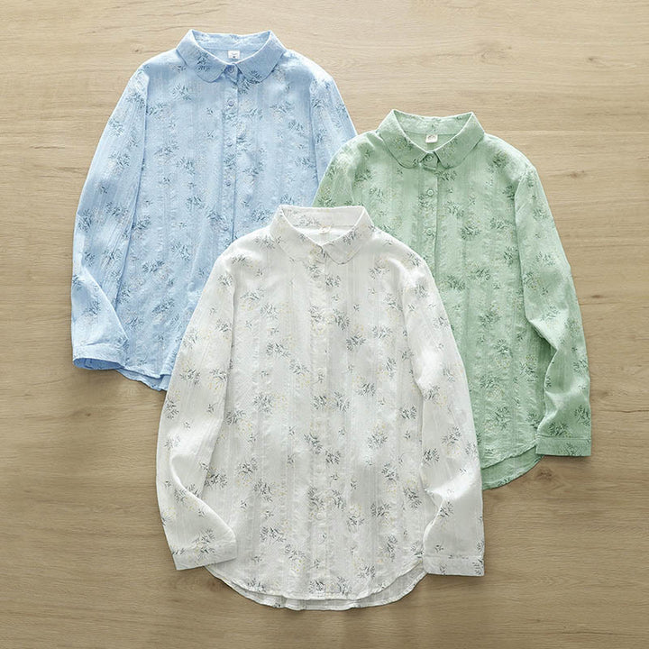 Buddha Stones、秋、白、黄色の花、緑の葉、ボタン、レディースコットン長袖シャツ - image 13