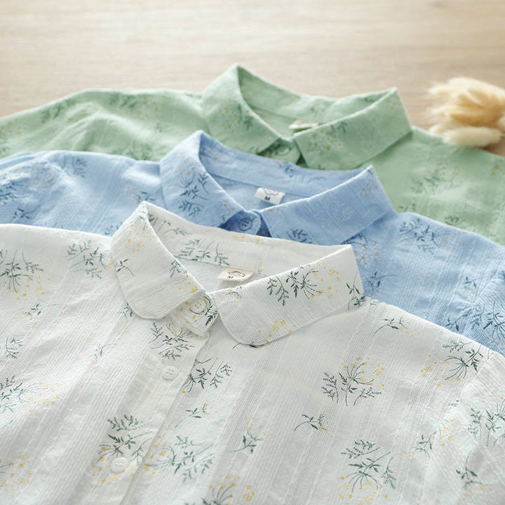 Buddha Stones、秋、白、黄色の花、緑の葉、ボタン、レディースコットン長袖シャツ - image 15