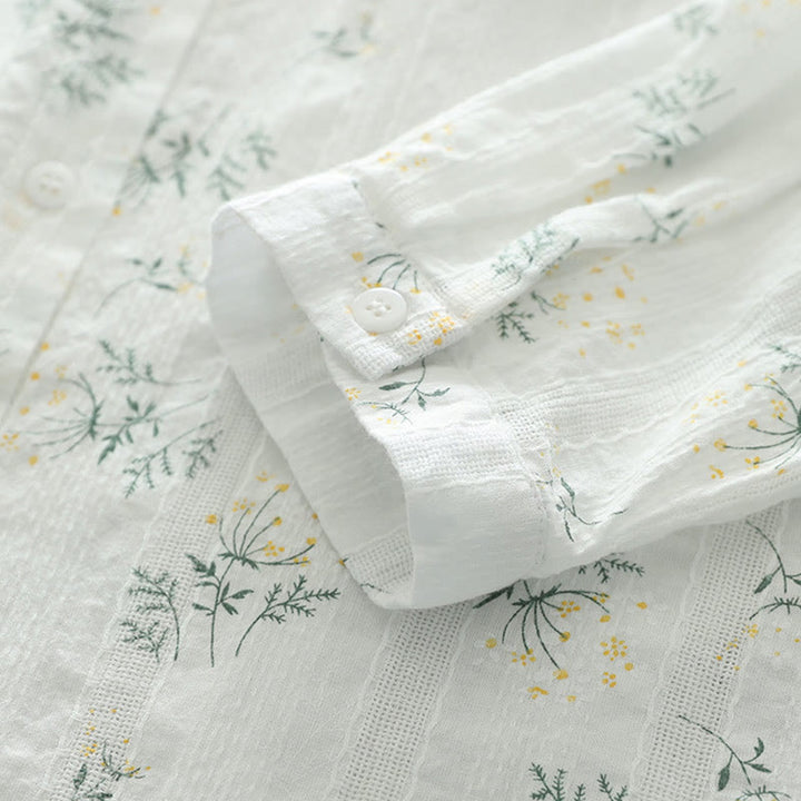 Buddha Stones、秋、白、黄色の花、緑の葉、ボタン、レディースコットン長袖シャツ - image 7