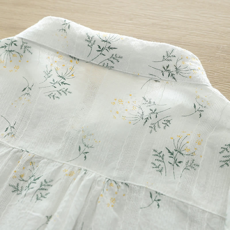 Buddha Stones、秋、白、黄色の花、緑の葉、ボタン、レディースコットン長袖シャツ - image 4