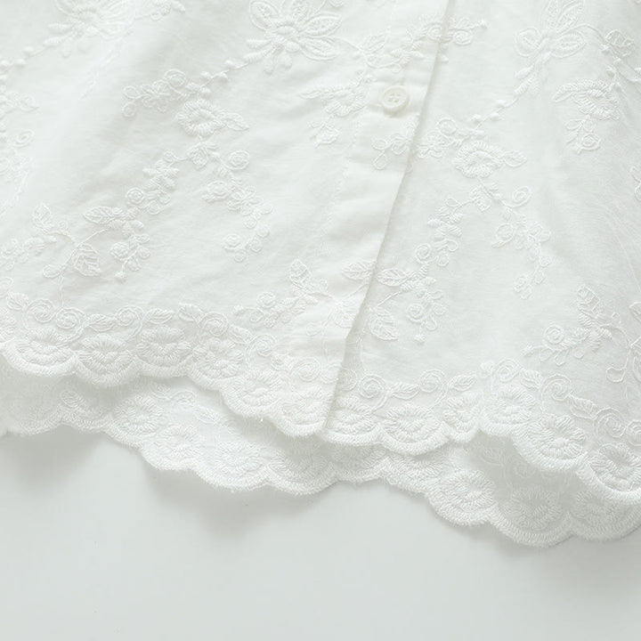 Buddha Stones秋 ホワイト 花柄 刺繍 ピーターパンカラー ボタン レディース コットン 長袖シャツ - image 8