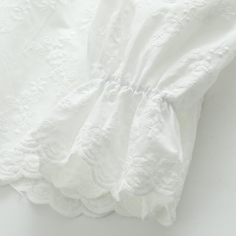 Buddha Stones秋 ホワイト 花柄 刺繍 ピーターパンカラー ボタン レディース コットン 長袖シャツ - image 9