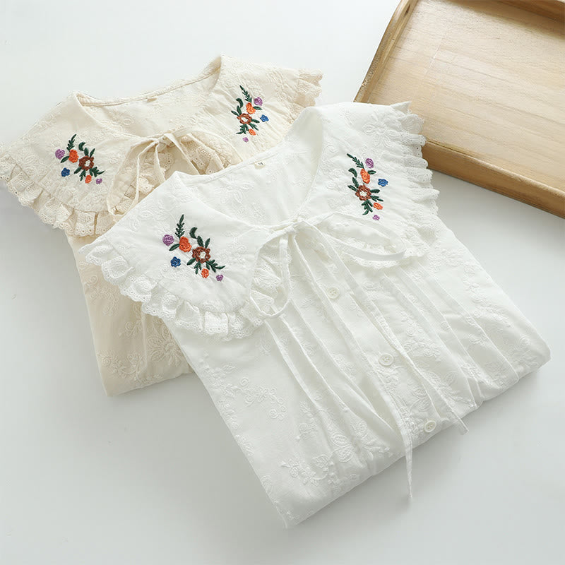 Buddha Stones秋 ホワイト 花柄 刺繍 ピーターパンカラー ボタン レディース コットン 長袖シャツ - image 10