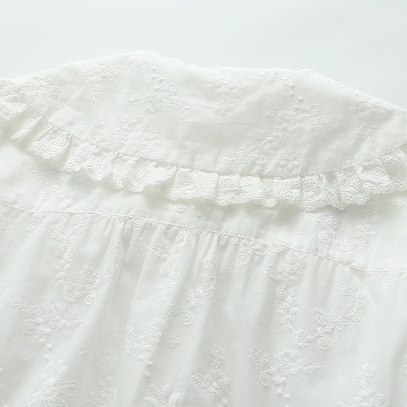 Buddha Stones秋 ホワイト 花柄 刺繍 ピーターパンカラー ボタン レディース コットン 長袖シャツ - image 5