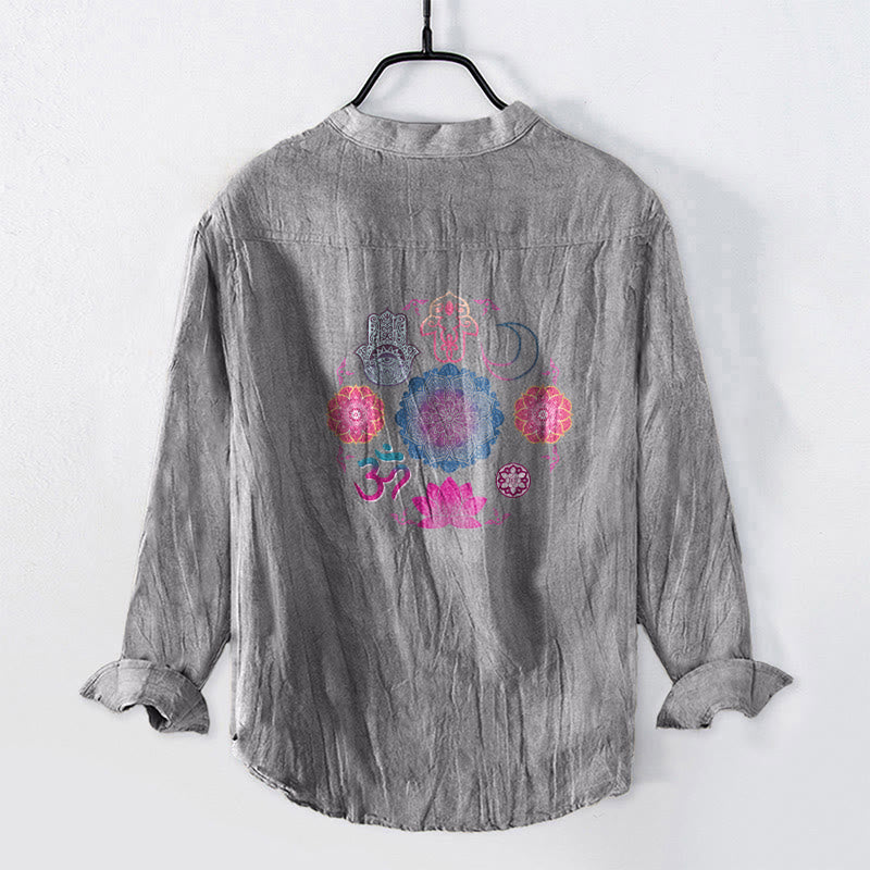 Buddha Stones、曼荼羅、オーム・ロータス、ハムサの手、ハーフボタン、メンズコットンリネン長袖シャツ - image 8