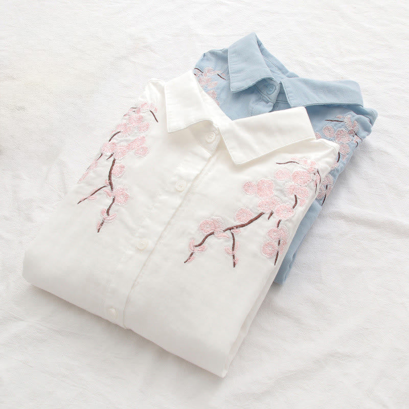 Buddha Stonesと秋のピンクの梅の花の刺繍ボタンレディースコットン長袖シャツ - image 15