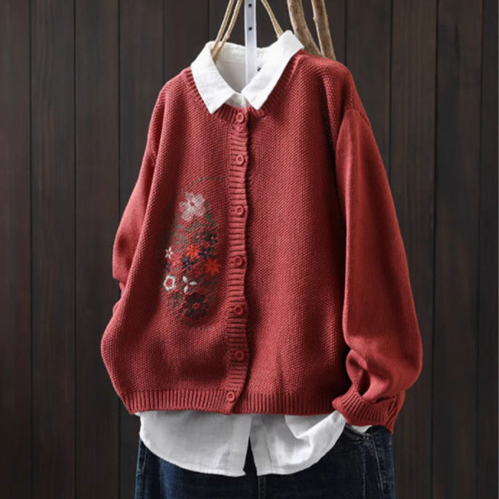 Buddha Stones柄刺繍ボタン コットン レディース 長袖 ニットカーディガン セーター - トマト - US4-6、 UK/AU8-10、 EU36-38 (F) - image 18