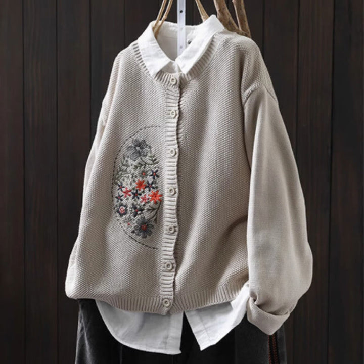 Buddha Stones柄刺繍ボタン コットン レディース 長袖 ニットカーディガン セーター - リネン - US4-6、 UK/AU8-10、 EU36-38 (F) - image 14