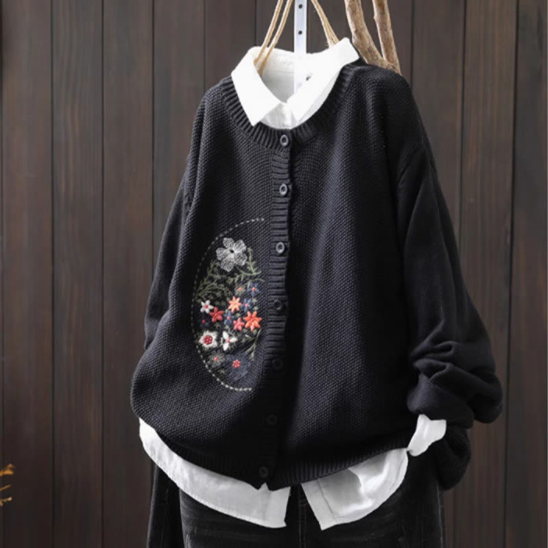 Buddha Stones柄刺繍ボタン コットン レディース 長袖 ニットカーディガン セーター - 黒 - US4-6、 UK/AU8-10、 EU36-38 (F) - image 24