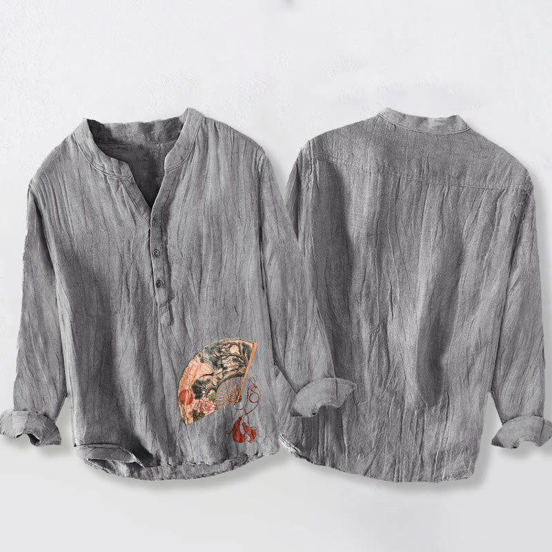 Buddha Stones、扇、鶴、松、牡丹、赤い太陽の半ボタンメンズコットンリネン長袖シャツ - image 2