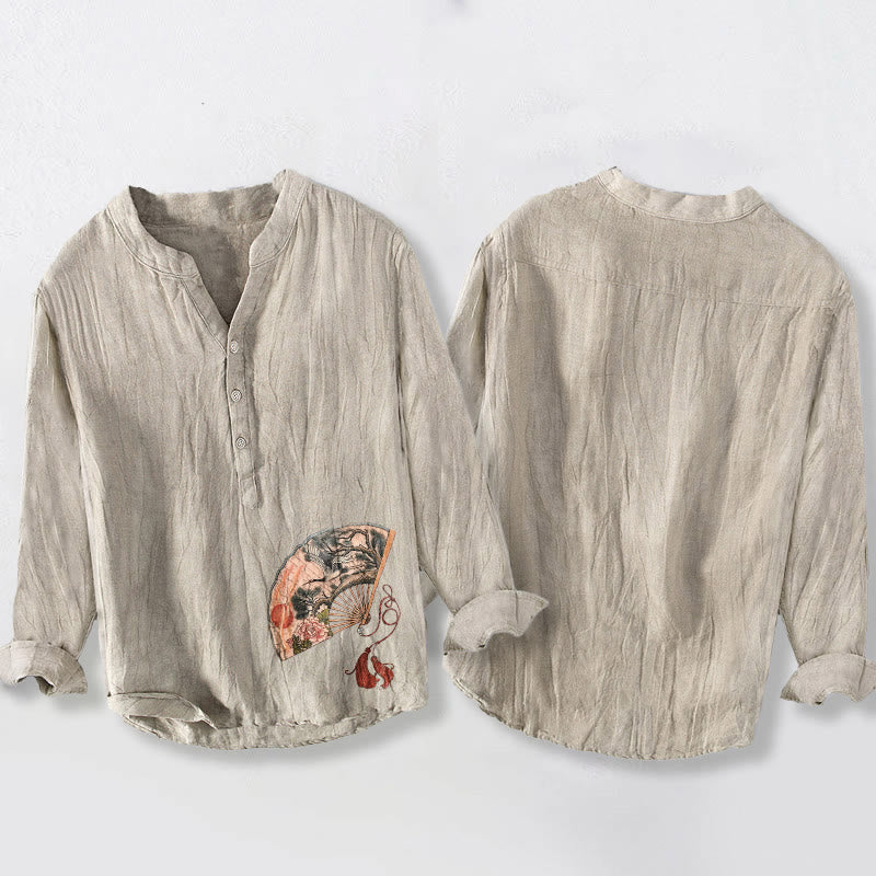 Buddha Stones、扇、鶴、松、牡丹、赤い太陽の半ボタンメンズコットンリネン長袖シャツ - image 5