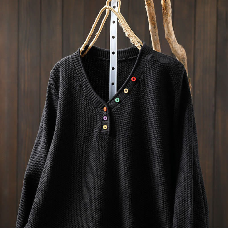 Buddha Stones秋 カラフルボタン Vネック コットン レディース 長袖 ニットセーター - image 20