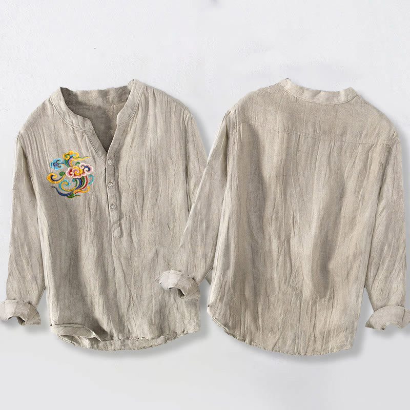 Buddha Stonesとカラフルな縁起の良い雲模様のハーフボタンメンズコットンリネン長袖シャツ - image 2