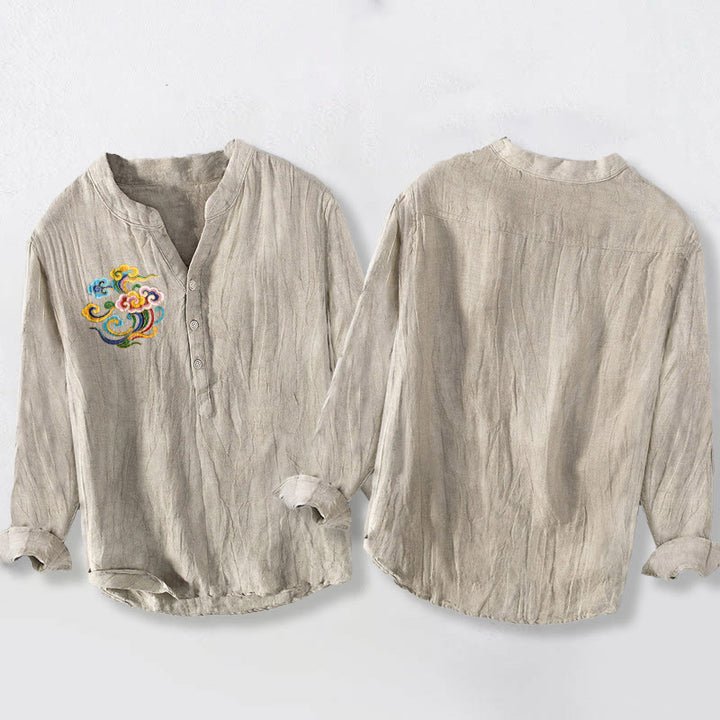 Buddha Stonesとカラフルな縁起の良い雲模様のハーフボタンメンズコットンリネン長袖シャツ - image 2