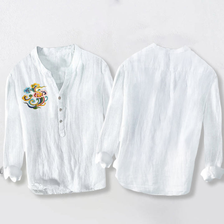 Buddha Stonesとカラフルな縁起の良い雲模様のハーフボタンメンズコットンリネン長袖シャツ - image 8