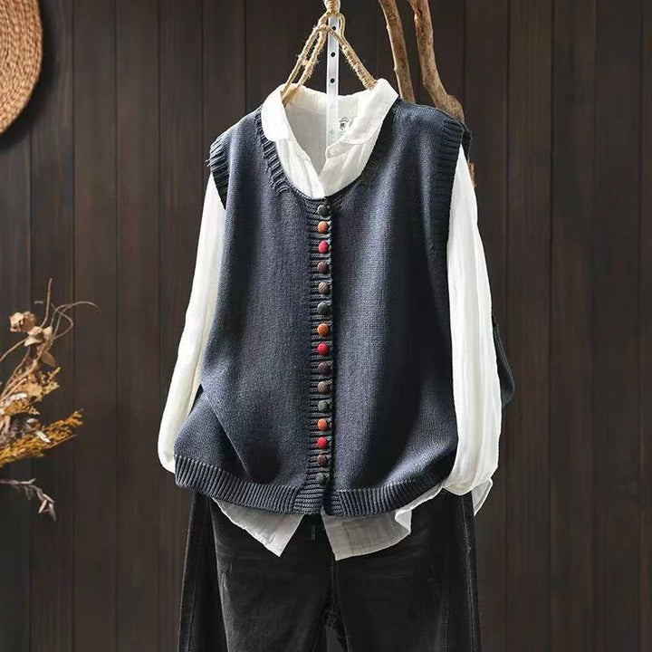 Buddha Stonesのカラフルなボタンレディースノースリーブコットンニットベストウエストコート - スレートグレー - US4-6、 UK/AU8-10、 EU36-38 (F) - image 9