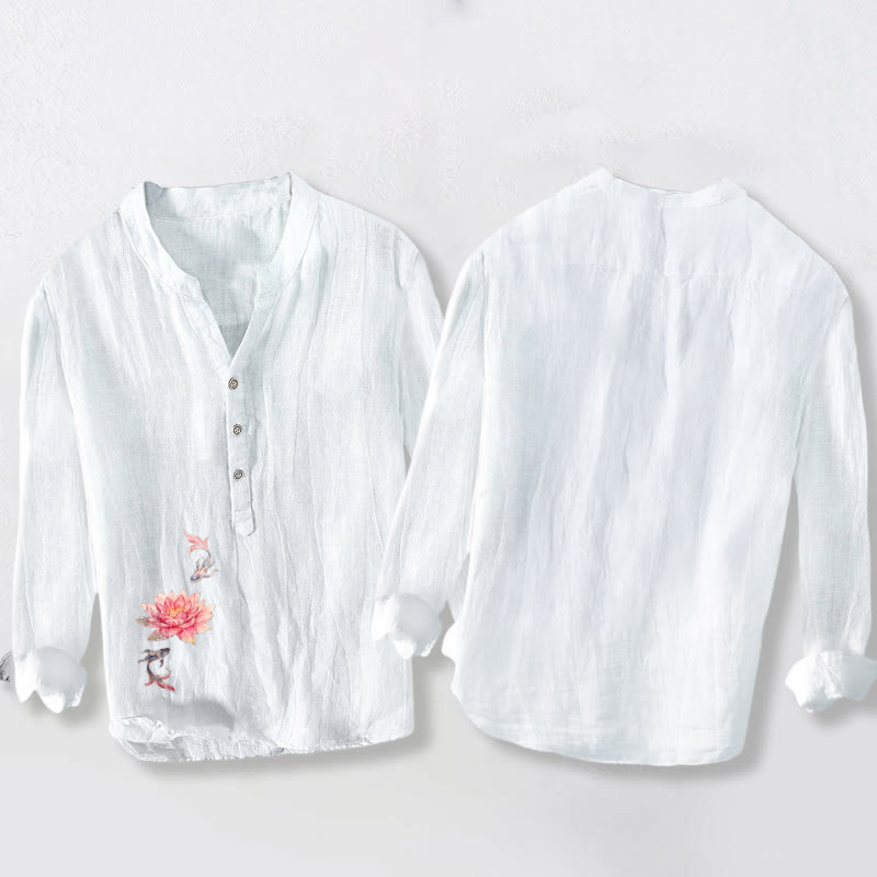 Buddha Stonesと柔らかな色彩の鯉模様のハーフボタンメンズコットンリネン長袖シャツ - image 8