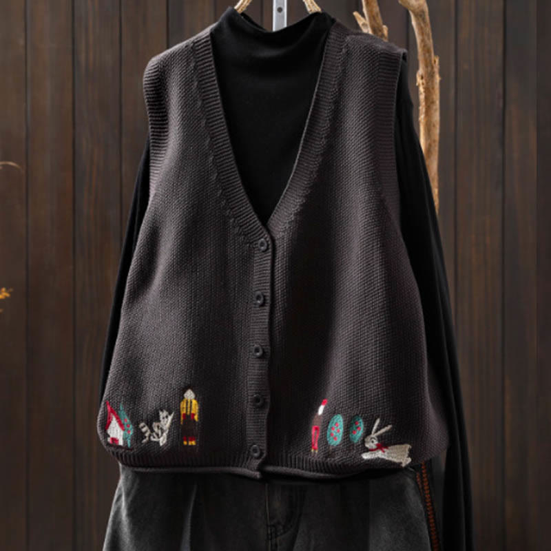 Buddha Stones図 ウサギの木 刺繍ボタン レディース ノースリーブ コットン ニットベスト ウエストコート - グレー - US4-6、 UK/AU8-10、 EU36-38 (F) - image 18