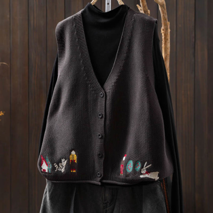 Buddha Stones図 ウサギの木 刺繍ボタン レディース ノースリーブ コットン ニットベスト ウエストコート - グレー - US4-6、 UK/AU8-10、 EU36-38 (F) - image 18