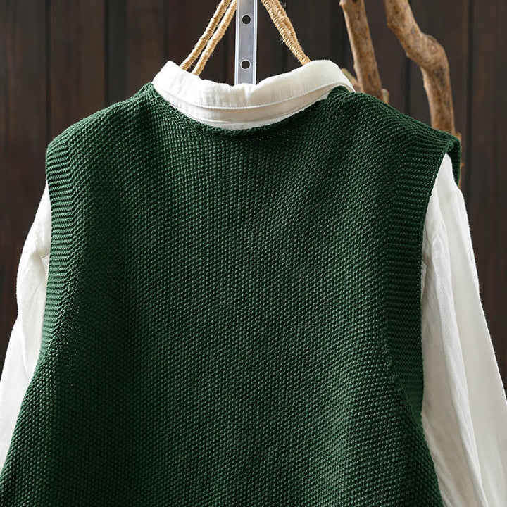 Buddha Stones図 ウサギの木 刺繍ボタン レディース ノースリーブ コットン ニットベスト ウエストコート - image 6