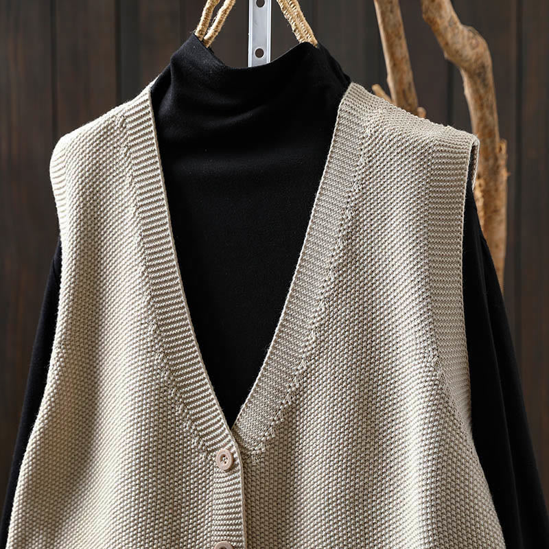 Buddha Stones図 ウサギの木 刺繍ボタン レディース ノースリーブ コットン ニットベスト ウエストコート - image 1