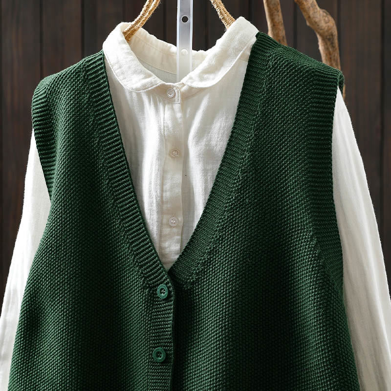 Buddha Stones図 ウサギの木 刺繍ボタン レディース ノースリーブ コットン ニットベスト ウエストコート - image 5