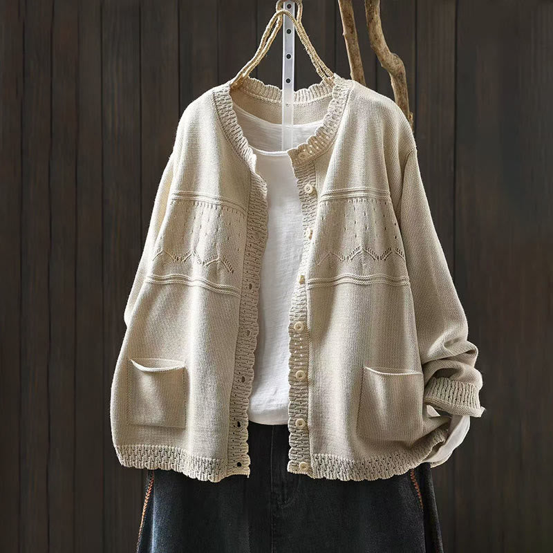 Buddha Stones秋 レースボタン ​​コットン レディース 長袖 ニットカーディガン セーター ポケット付き - 貝殻 - US4-6、 UK/AU8-10、 EU36-38 (F) - image 14