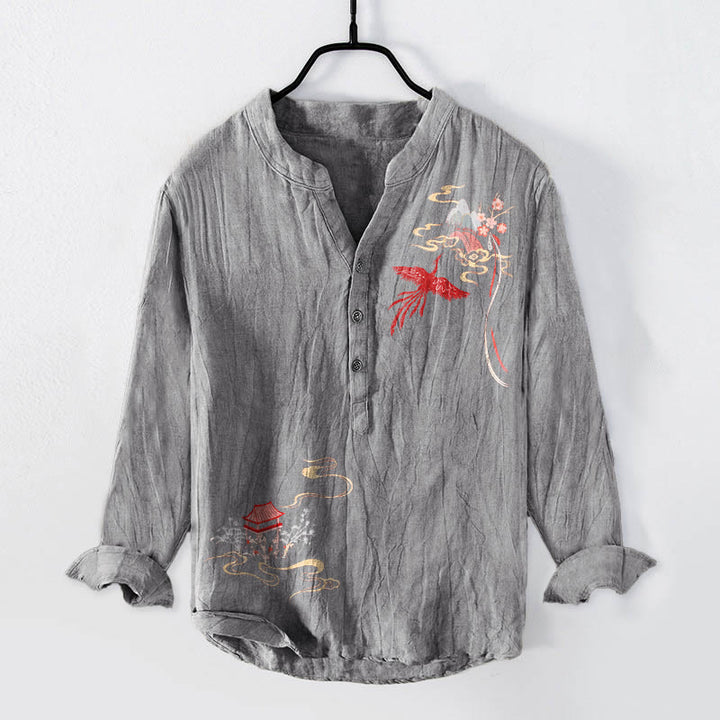 Buddha Stones、鳳凰、雲模様、ハーフボタン、メンズコットンリネン長袖シャツ - グレー - US/UK/AU50、EU60 (5XL) - image 0