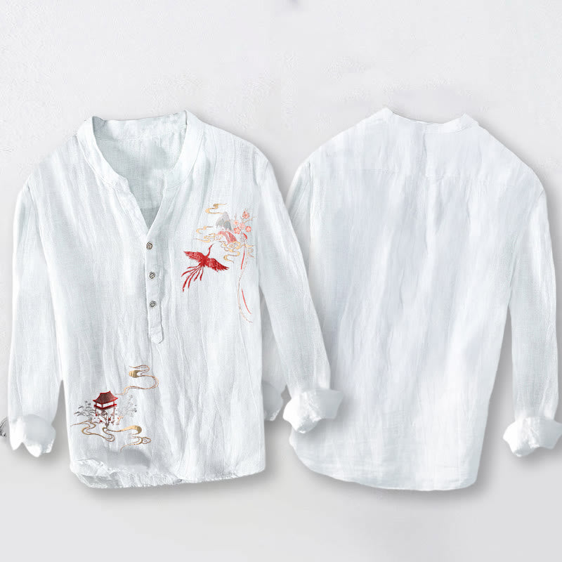 Buddha Stones、鳳凰、雲模様、ハーフボタン、メンズコットンリネン長袖シャツ - image 8