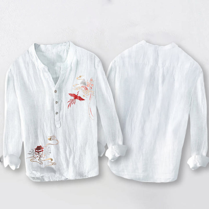 Buddha Stones、鳳凰、雲模様、ハーフボタン、メンズコットンリネン長袖シャツ - image 8