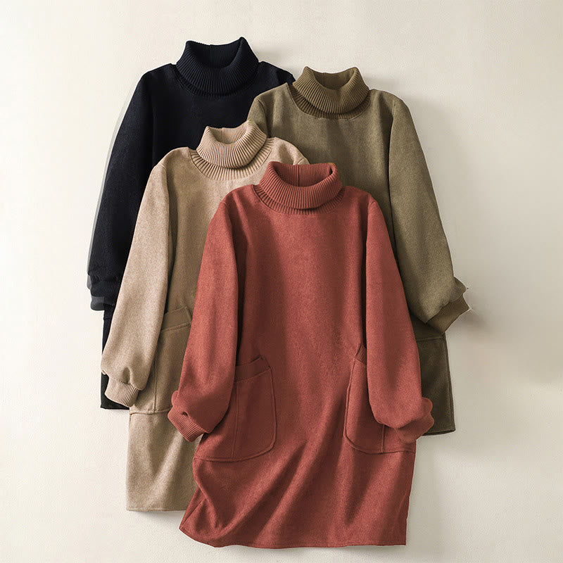 Buddha Stones冬用ハイネック 暖かいコットン レディース 長袖 ミディ丈 ワンピース ポケット付き - image 0