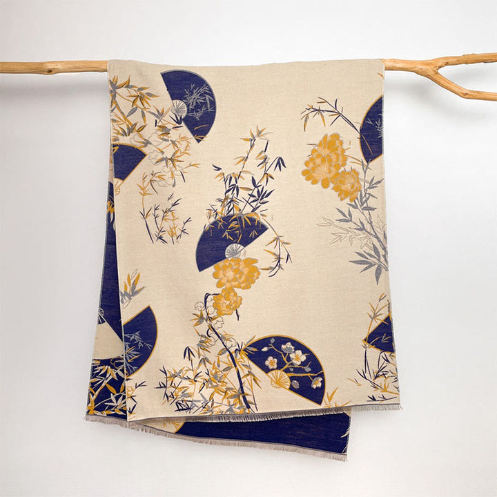 Buddha Stonesと冬扇子、竹と牡丹の花柄の心地よいスカーフショール - image 1