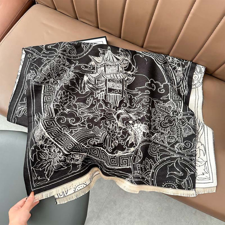 Buddha Stones、秋のパビリオン、鯉、花、波模様の心地よいスカーフショール - 黒 - 180×65cm - image 4