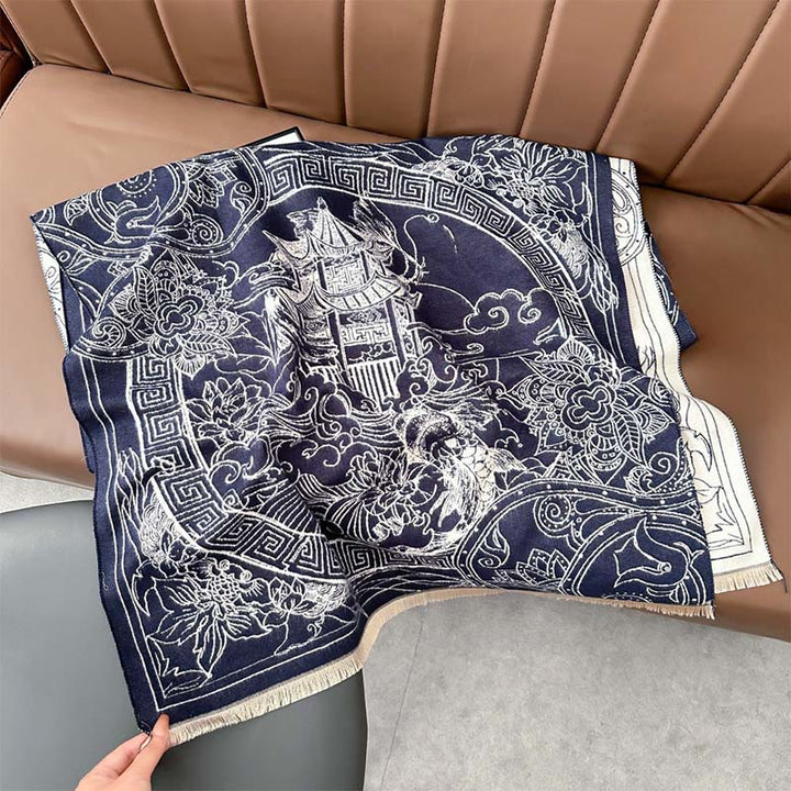 Buddha Stones、秋のパビリオン、鯉、花、波模様の心地よいスカーフショール - スティールブルー - 180×65cm - image 9