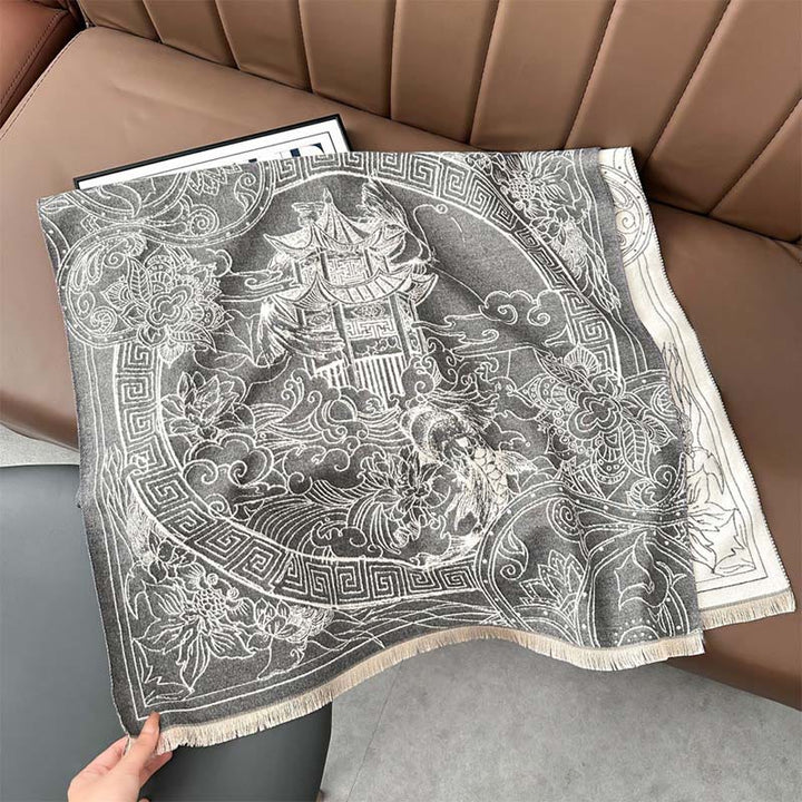 Buddha Stones、秋のパビリオン、鯉、花、波模様の心地よいスカーフショール - image 2